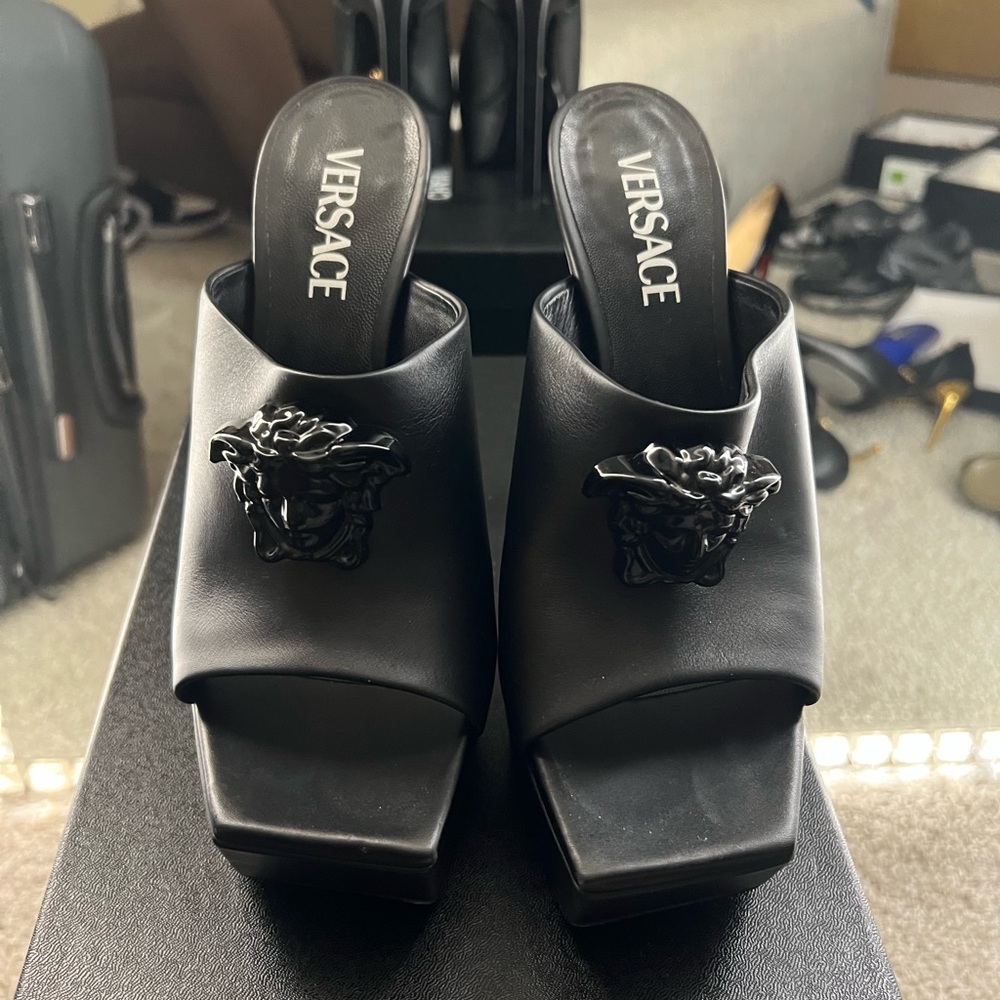 Versace Black Platform Mules with Chain Detail